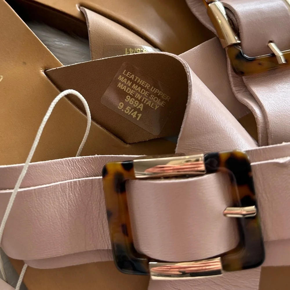 Sandal Leather Slides Neutral Blush Pale Pink Tortoise Shell Made in Italy W 9.5 - Picture 4 of 8